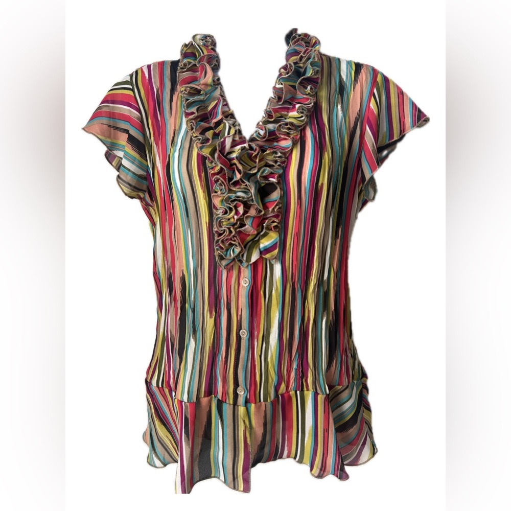 East 5th Rainbow Striped Accordion Tier Ruffle Rainbow Blouse Women’s Small